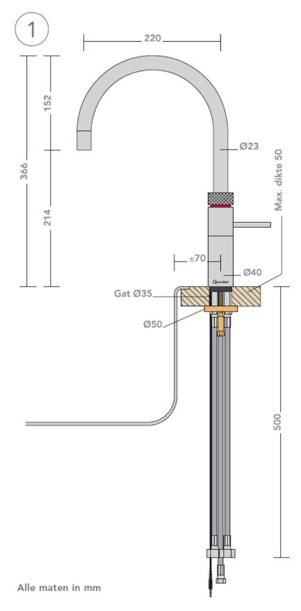 Maattekening QUOOKER kokend water kraan PRO3 Fusion Round RVS