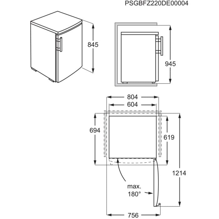 Maattekening AEG koelkast tafelmodel wit RTB413D1AW