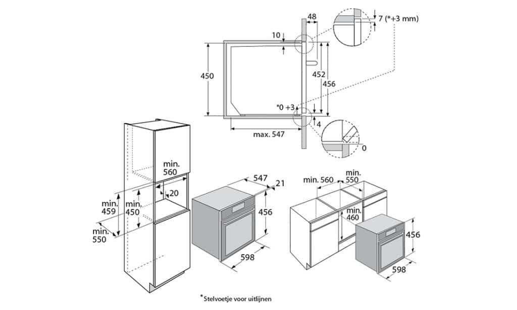 Maattekening met de afmetingen van dit model