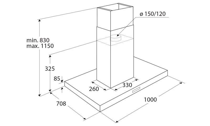 Maattekening met de afmetingen van dit model