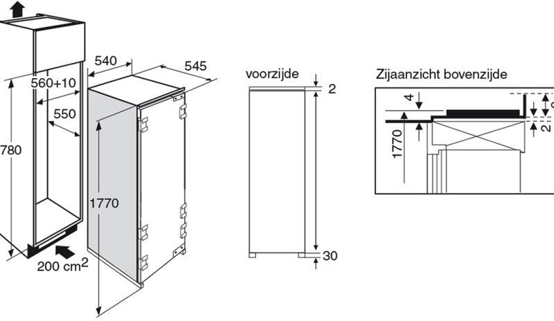 Maattekening met de afmetingen van dit model