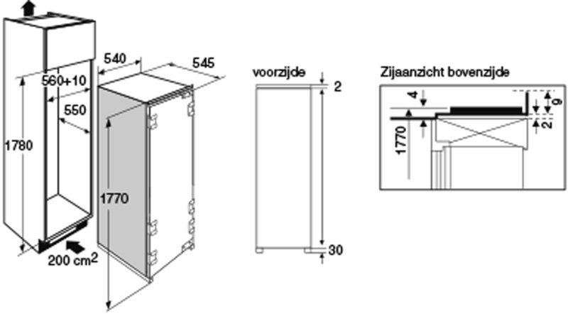 Maattekening met de afmetingen van dit model