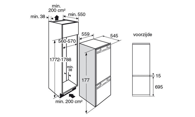Maattekening met de afmetingen van dit model