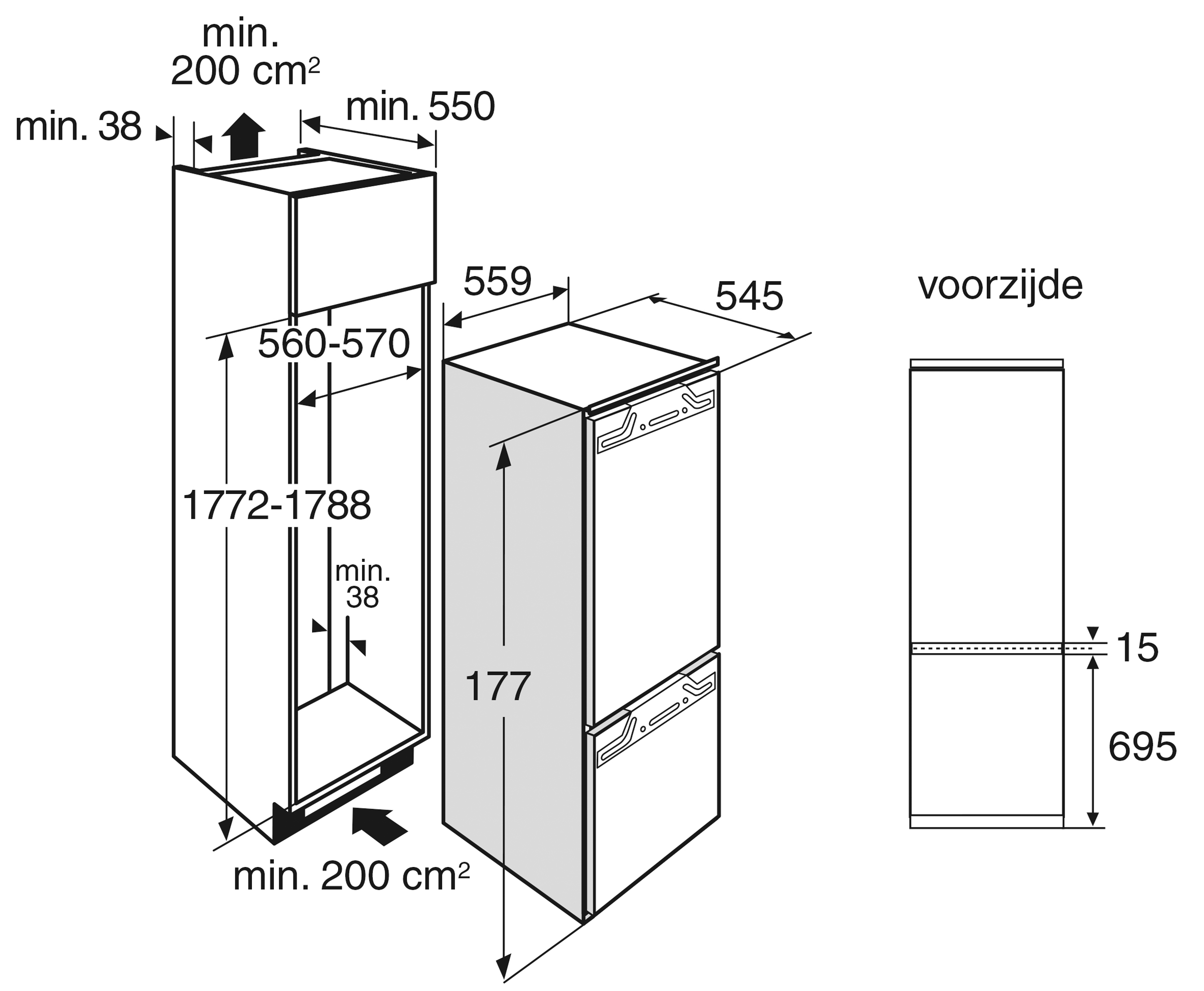 Maattekening met de afmetingen van dit model
