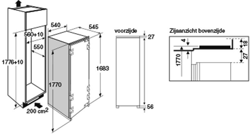 Maattekening met de afmetingen van dit model