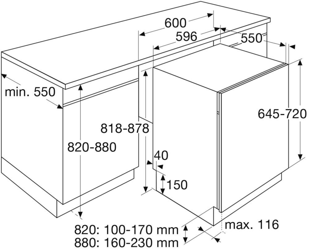 Maattekening met de afmetingen van dit model