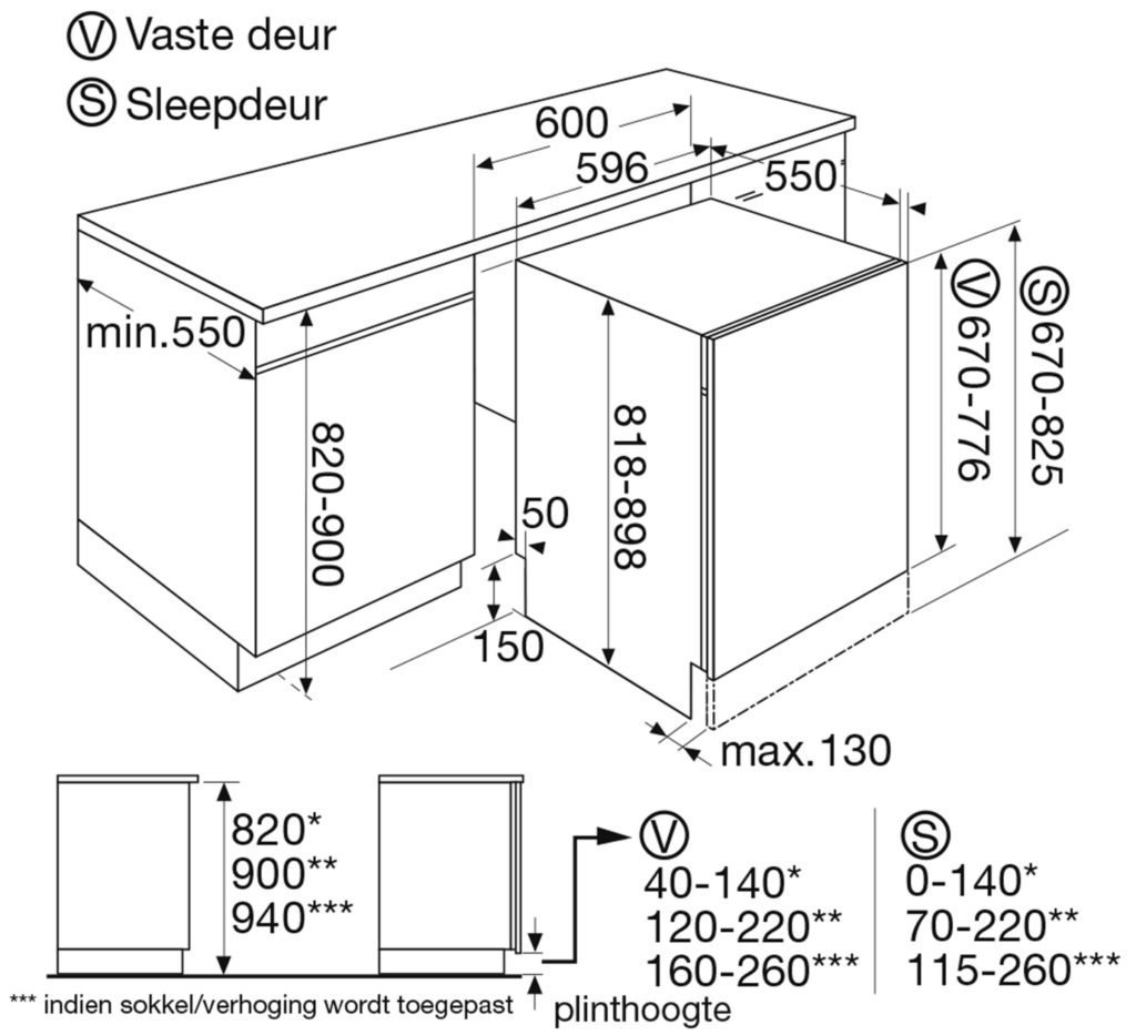 Maattekening met de afmetingen van dit model