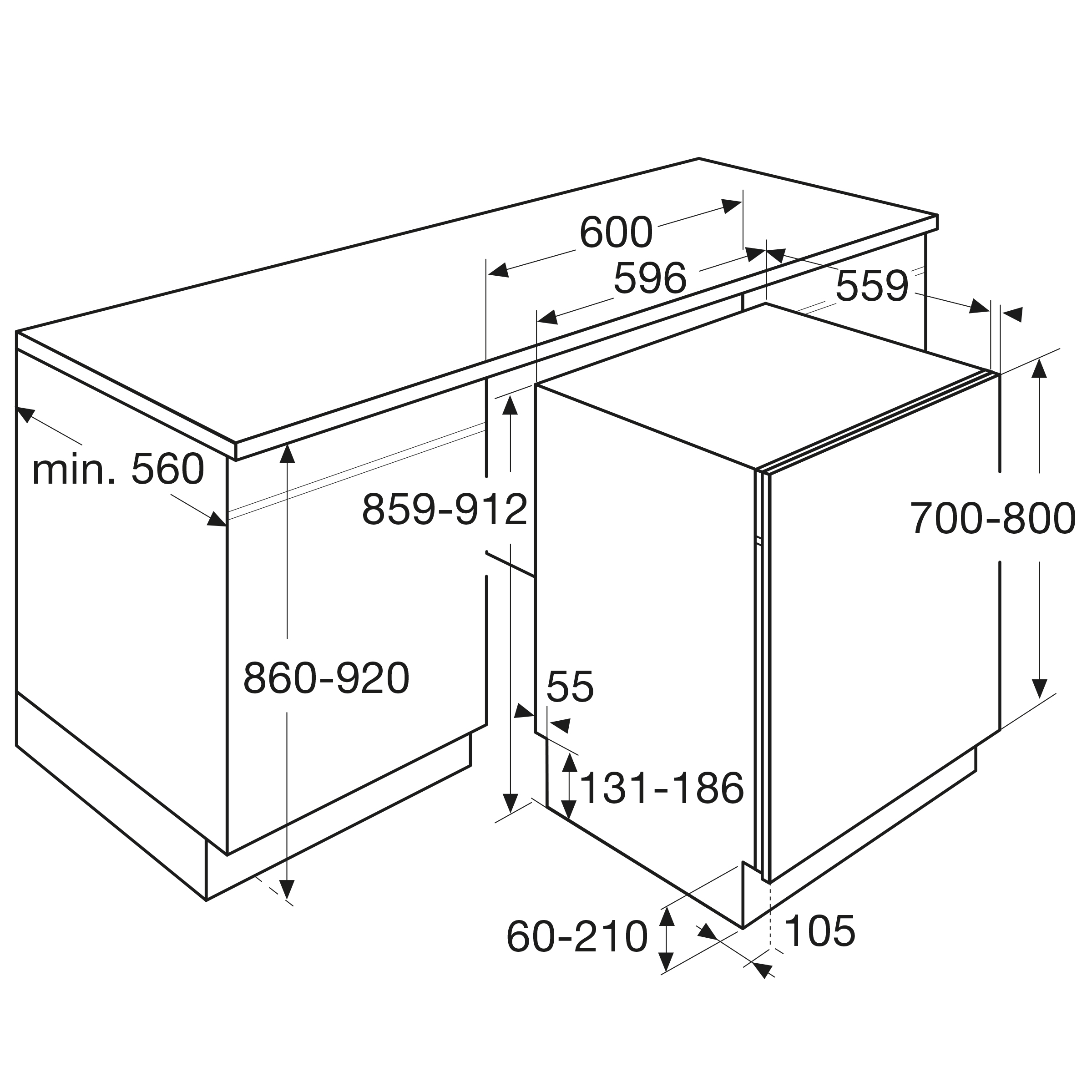 Maattekening met de afmetingen van dit model