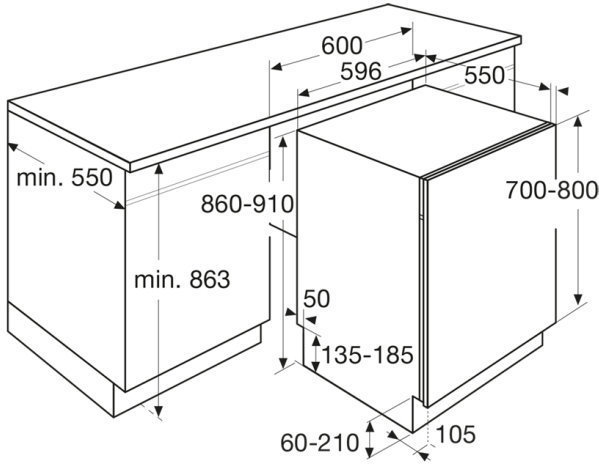Maattekening met de afmetingen van dit model