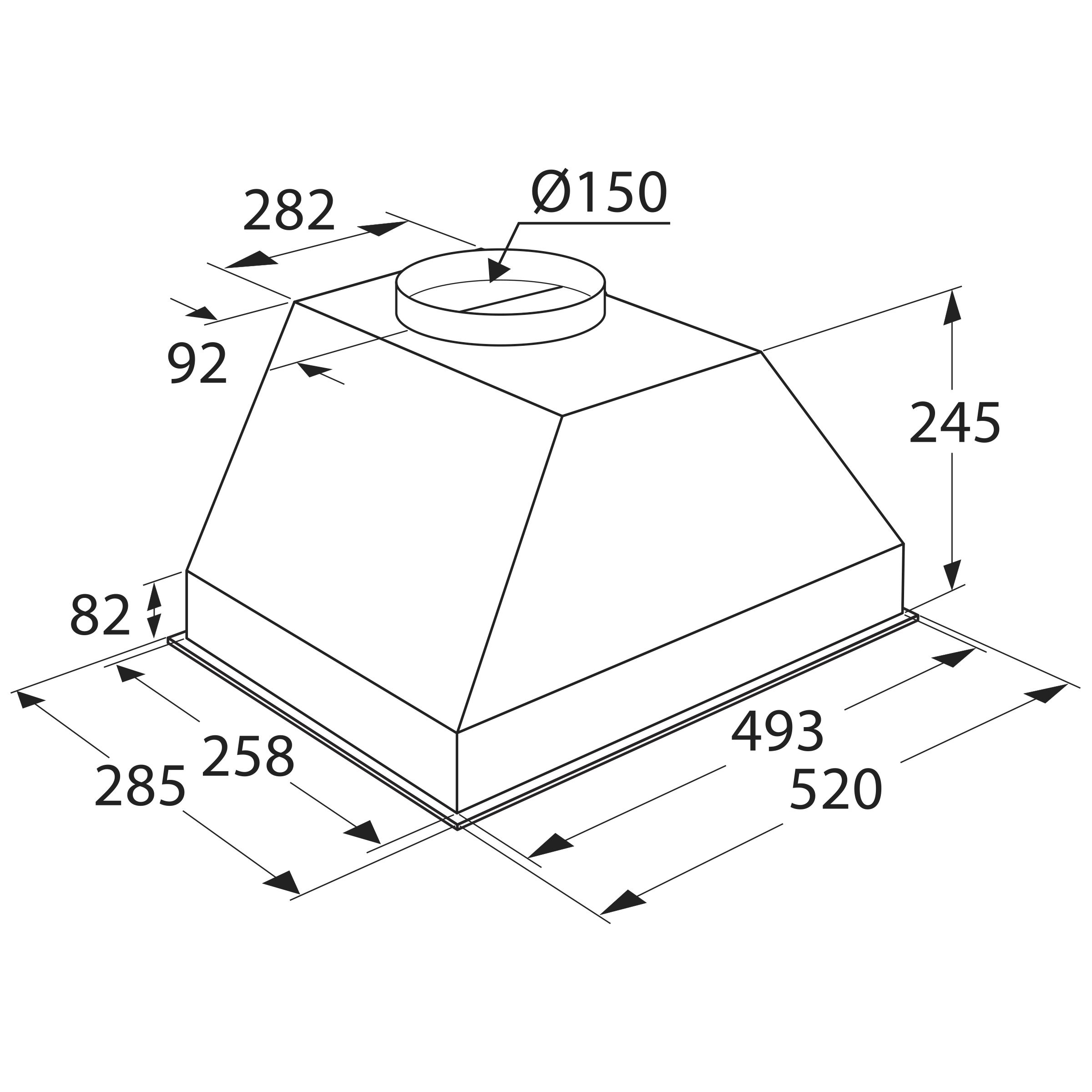 Maattekening met de afmetingen van dit model