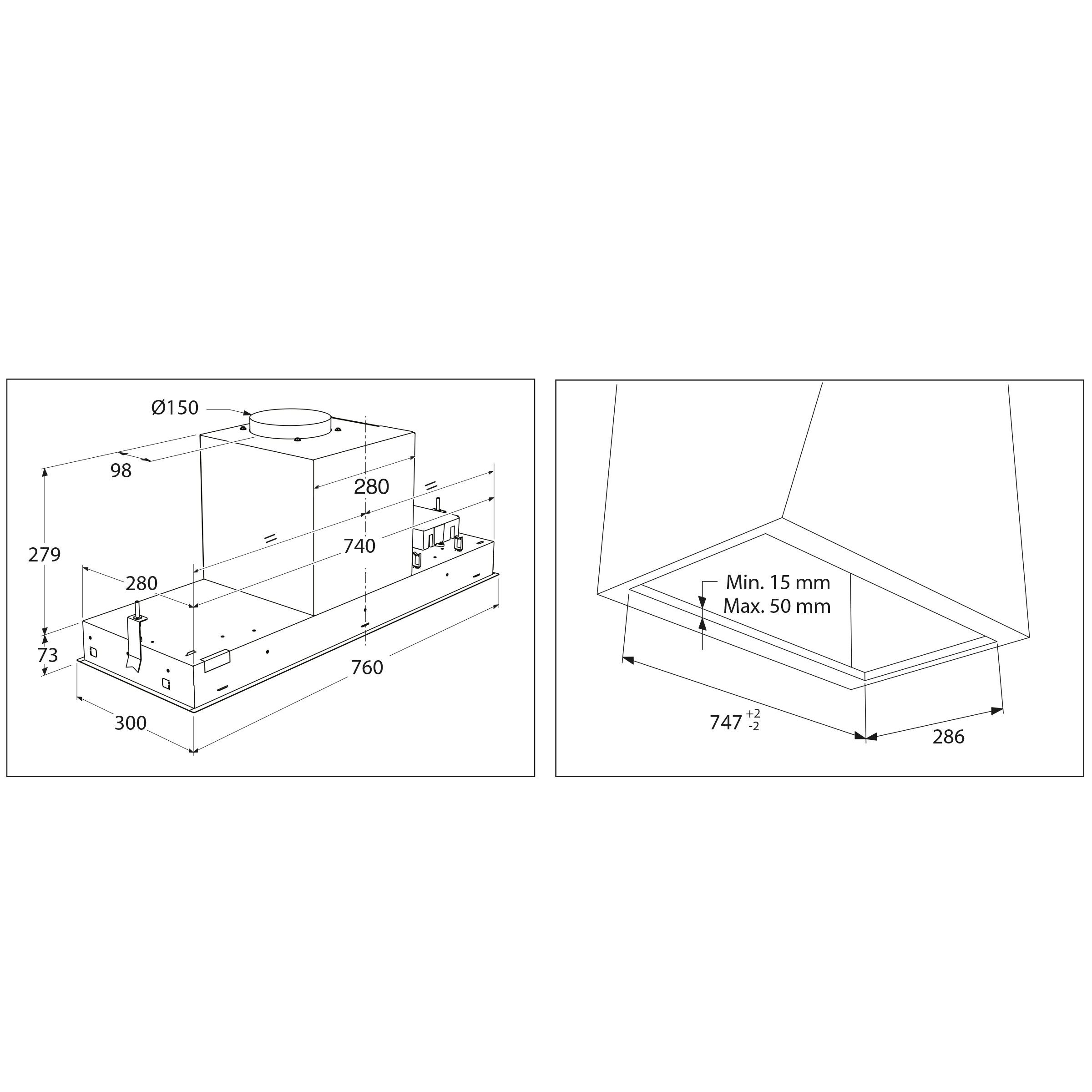Maattekening met de afmetingen van dit model