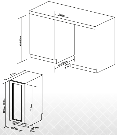 Maattekening met de afmetingen van dit model