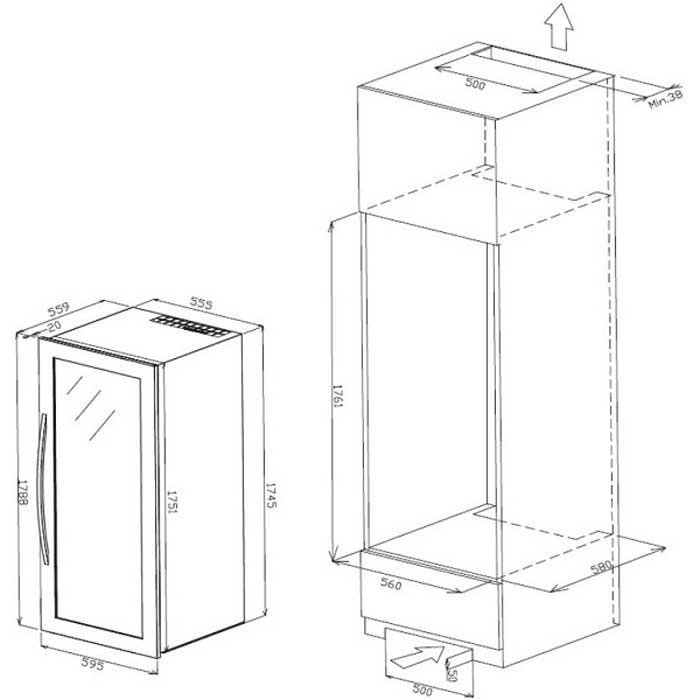 Maattekening met de afmetingen van dit model