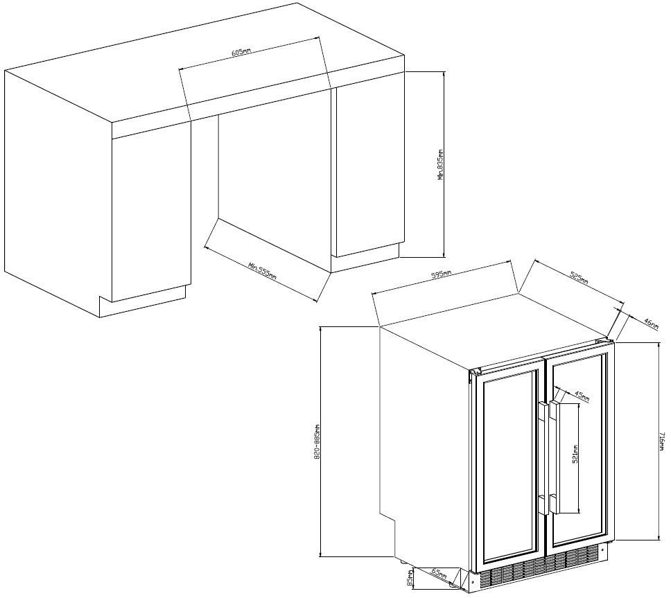 Maattekening met de afmetingen van dit model