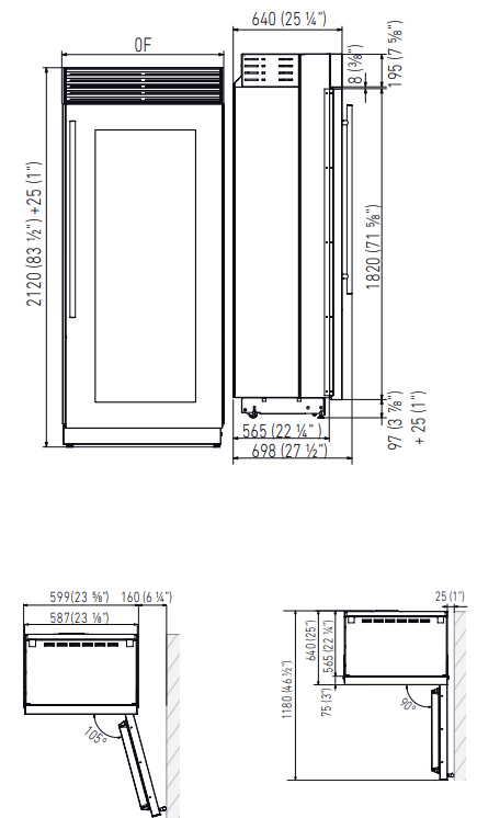 Maattekening FHIABA side-by-side koelkast met glasvenster X-PRO XS5990FG