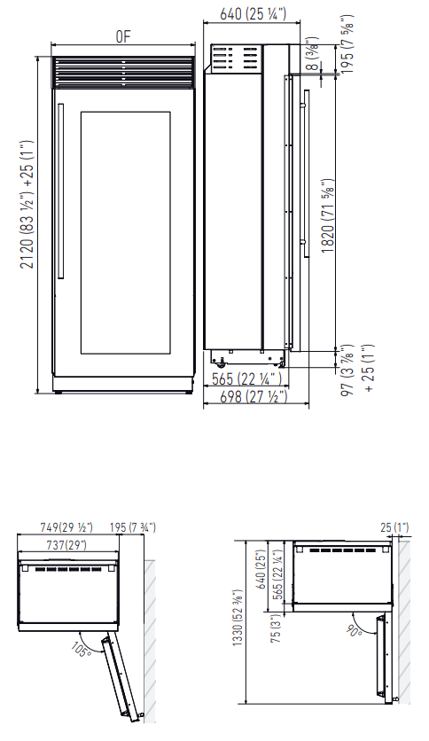Maattekening FHIABA side-by-side koelkast X-PRO XS7490FG