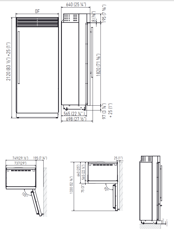 Maattekening FHIABA side-by-side koelkast X-PRO XS7490FR