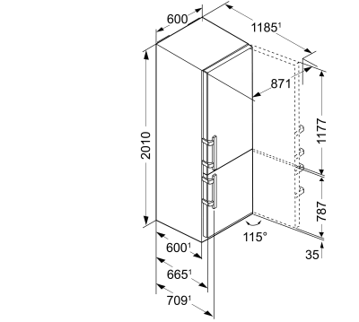 Maattekening LIEBHERR koelkast blacksteel CBNbs4878-21 b-keus
