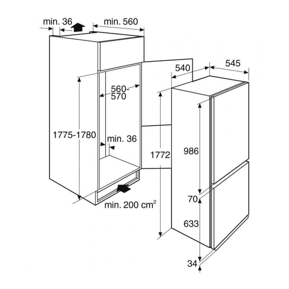 Maattekening PELGRIM koelkast inbouw PCS24178L