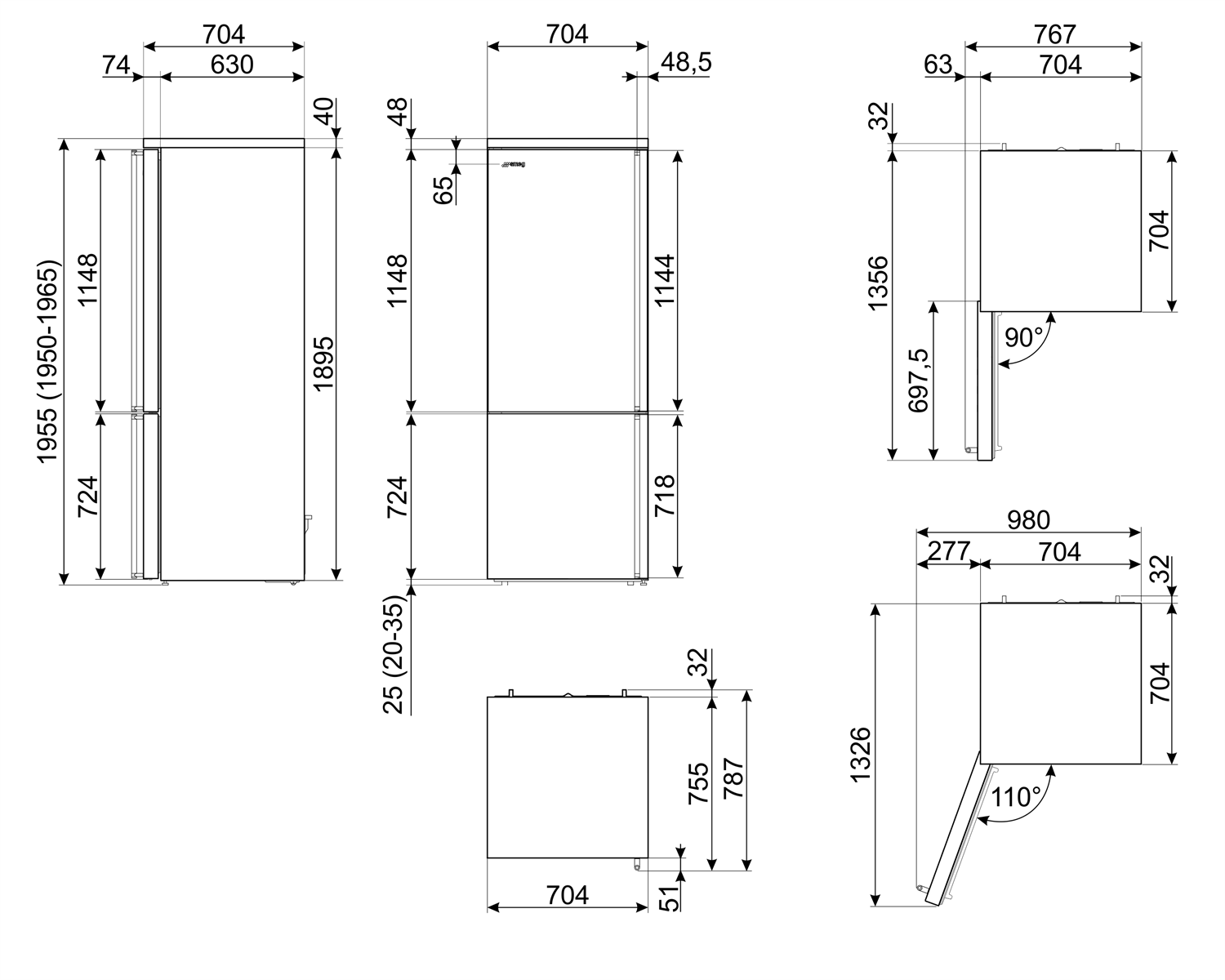 Maattekening SMEG koelkast rvs FA3905LX5