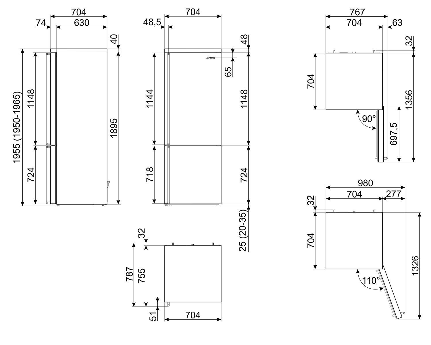Maattekening SMEG koelkast rvs FA3905RX5