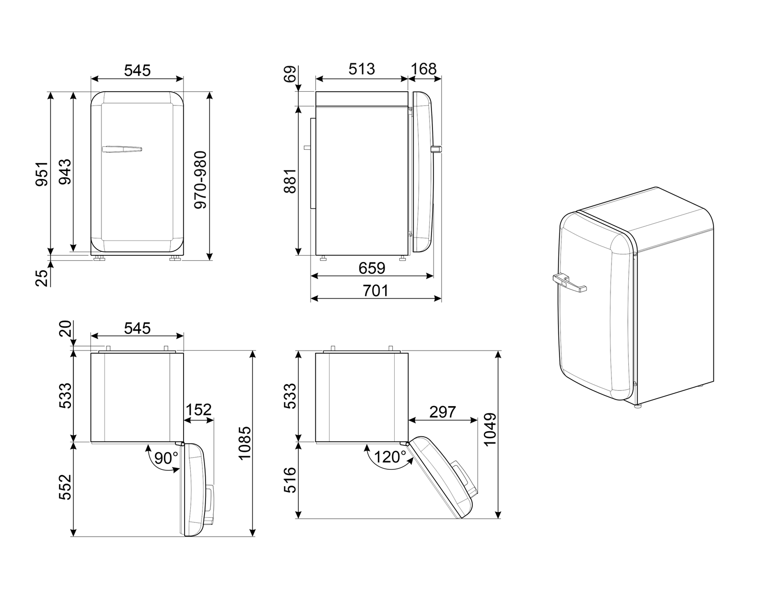 Maattekening SMEG koelkast tafelmodel rood FAB10HRRD5