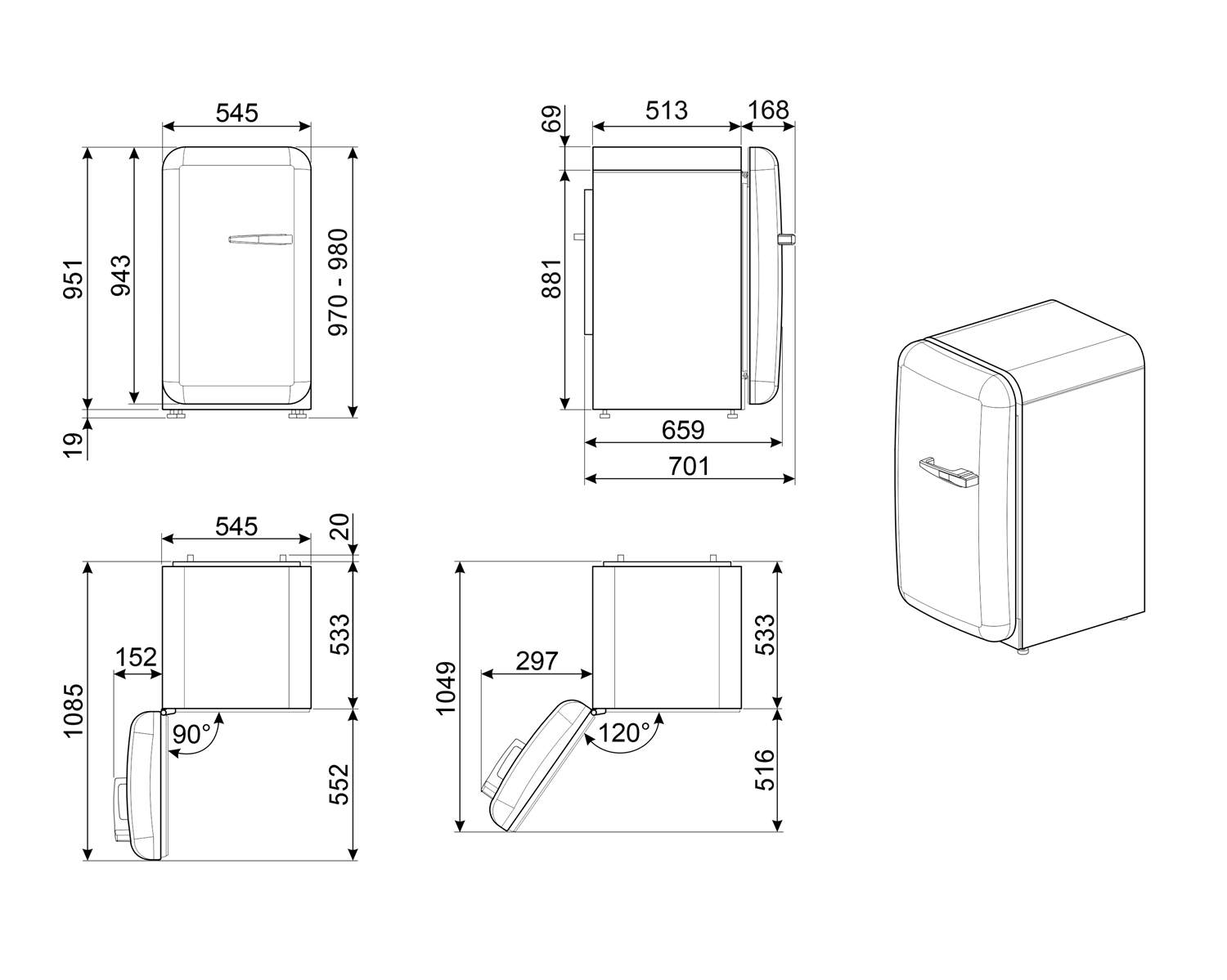 Maattekening SMEG koelkast tafelmodel wit FAB10LWH5