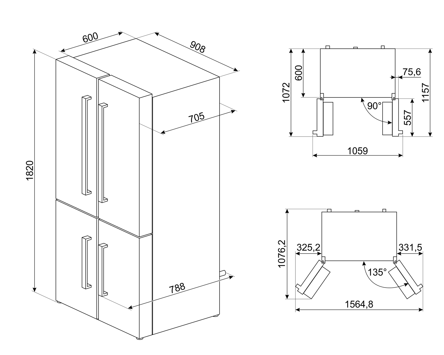 Maattekening SMEG koelkast side-by-side rvs FQ60XDF