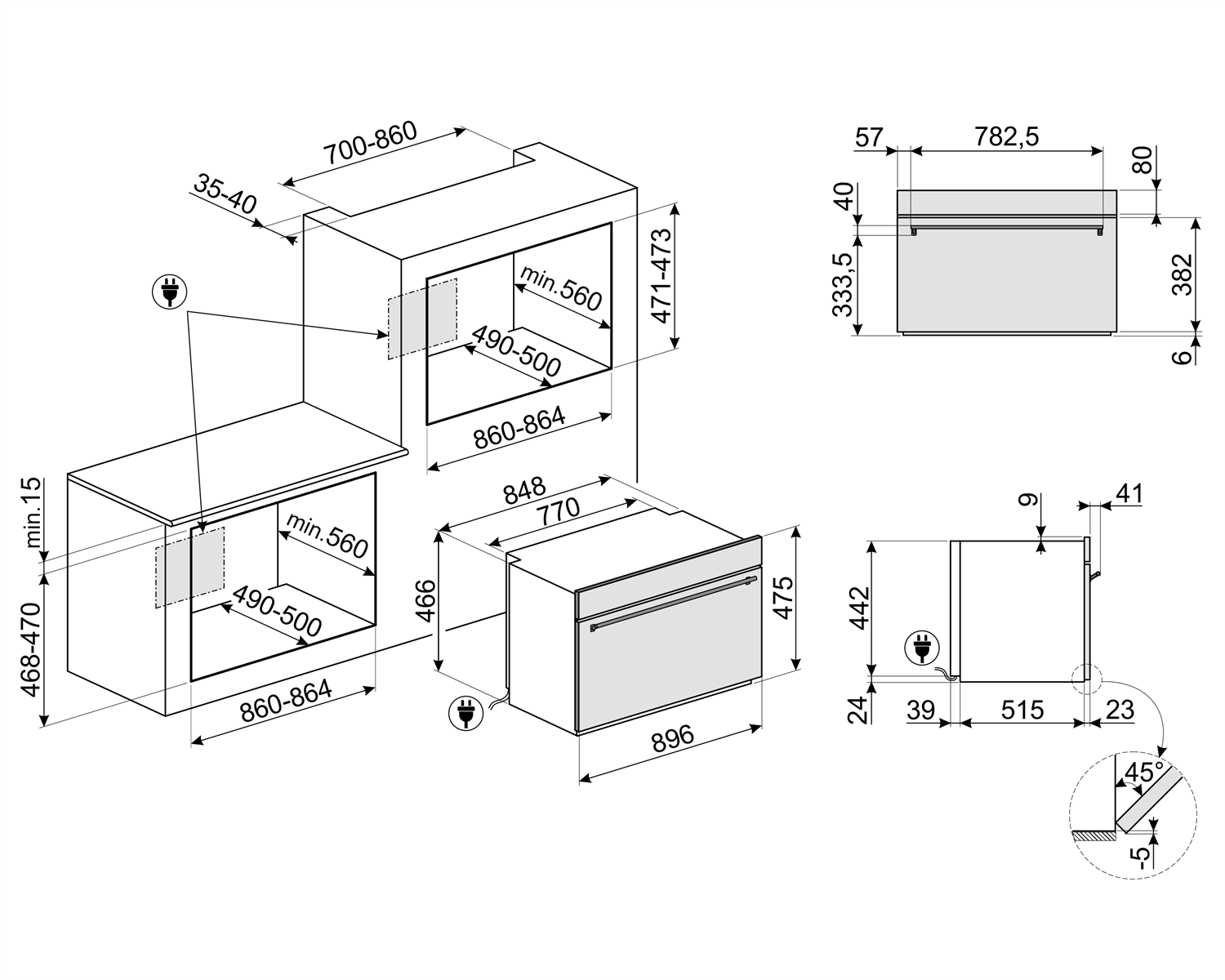 Maattekening SMEG oven inbouw 90 cm. breed SFR9390X