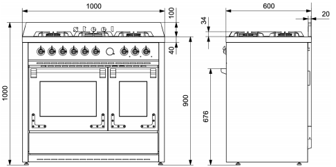 Maattekening STEEL fornuis inductie mat-zwart Oxford XQ10FF-5FI NF