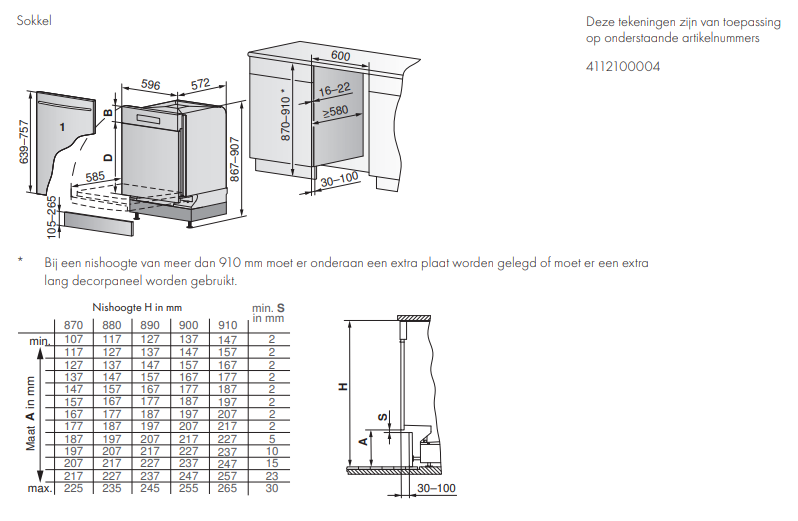 Maattekening V-ZUG vaatwasser inbouw AdoraDish V6000 Warmtepomp