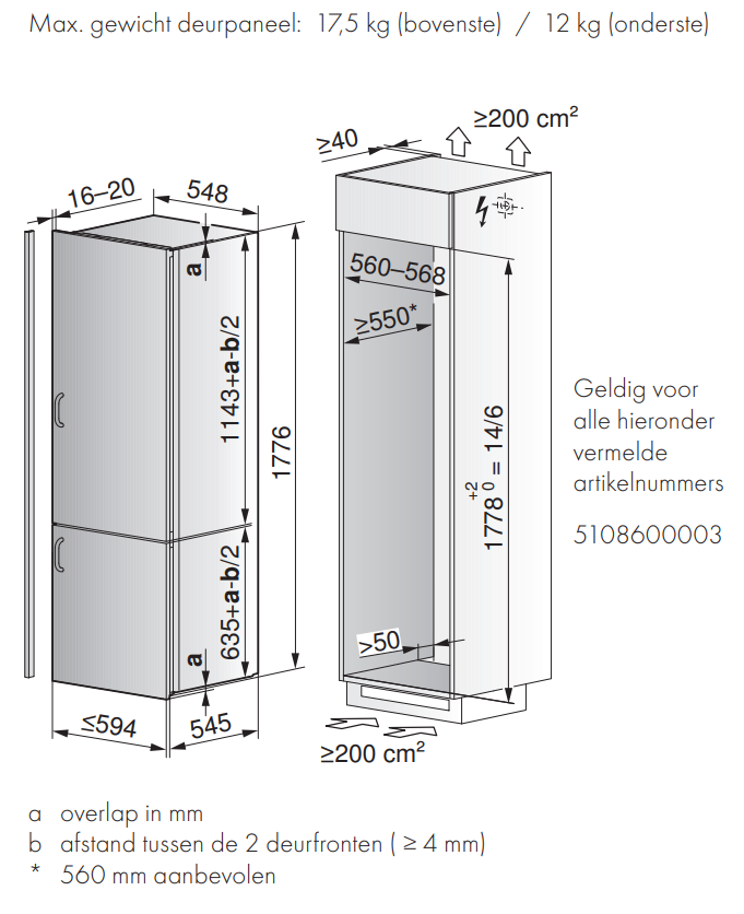 Maattekening V-Zug koelkast inbouw CombiCooler V4000