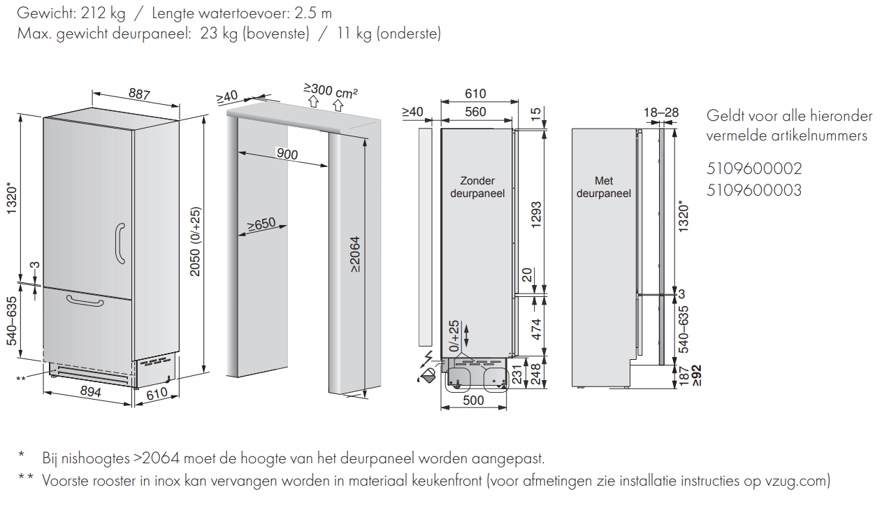 Maattekening V-Zug koelkast inbouw CombiCooler V6000 Supreme right
