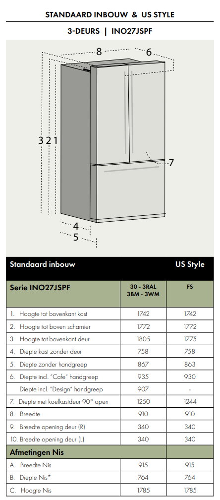 Maattekening IOMABE Amerikaanse koelkast INO27JSPF 30