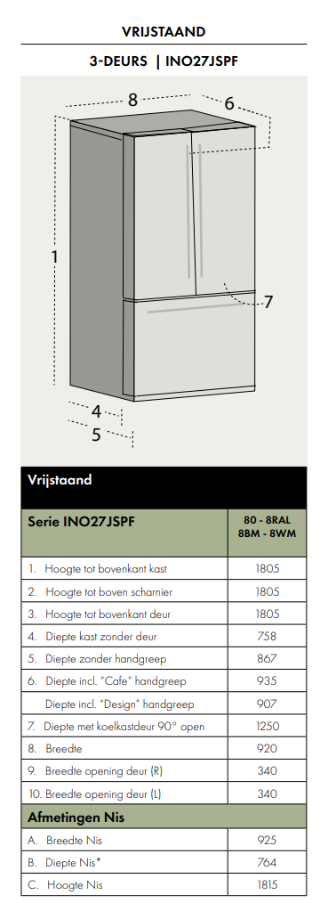 Maattekening IOMABE Amerikaanse koelkast mat-zwart INO27JSPF 8BM-DBM