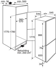 Maattekening PELGRIM koelkast inbouw PKS5178F