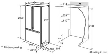 Maattekening SIEMENS side-by-side koelkast inbouw CI36BP01