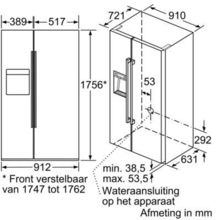 Maattekening SIEMENS side-by-side koelkast KA92DSW30