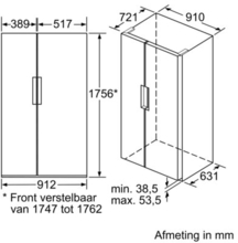 Maattekening SIEMENS side-by-side koelkast rvs KA92NVI35