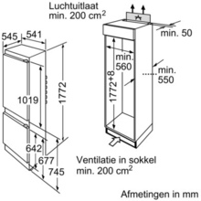 Maattekening SIEMENS koelkast inbouw KI34VV22FF
