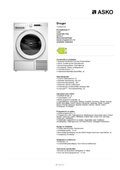 Product informatie ASKO droger warmtepomp T309HCW