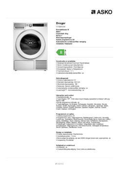 Product informatie ASKO droger warmtepomp T709HUW