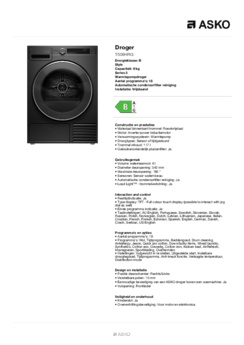 Product informatie ASKO droger warmtepomp grafiet T509HRG