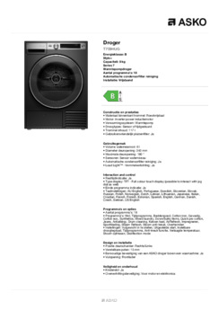 Product informatie ASKO droger warmtepomp grafiet T709HUG