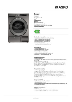 Product informatie ASKO droger warmtepomp grijs T509HRT