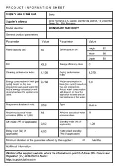 Product informatie BEKO vaatwasser inbouw BDIN38647C