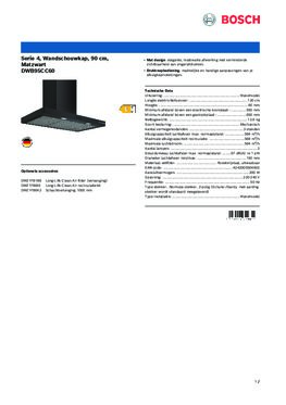 Product informatie BOSCH afzuigkap wand matzwart DWB95CC60