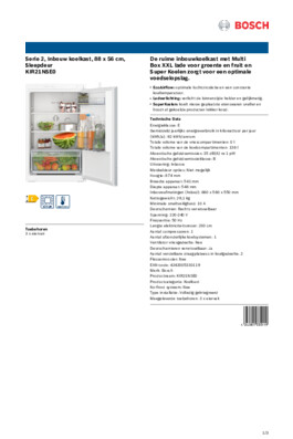 Product informatie BOSCH koelkast inbouw KIR21NSE0