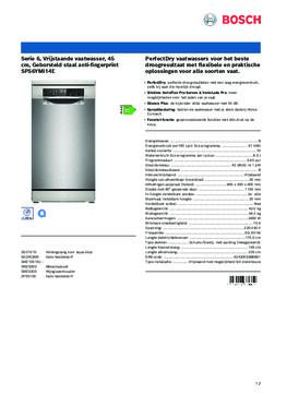 Product informatie BOSCH vaatwasser smal vrijstaande SPS6YMI14E