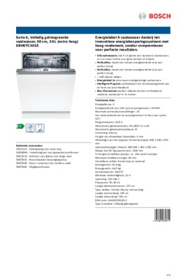 Product informatie BOSCH vaatwasser verhoogd inbouw SBH6TCX01E